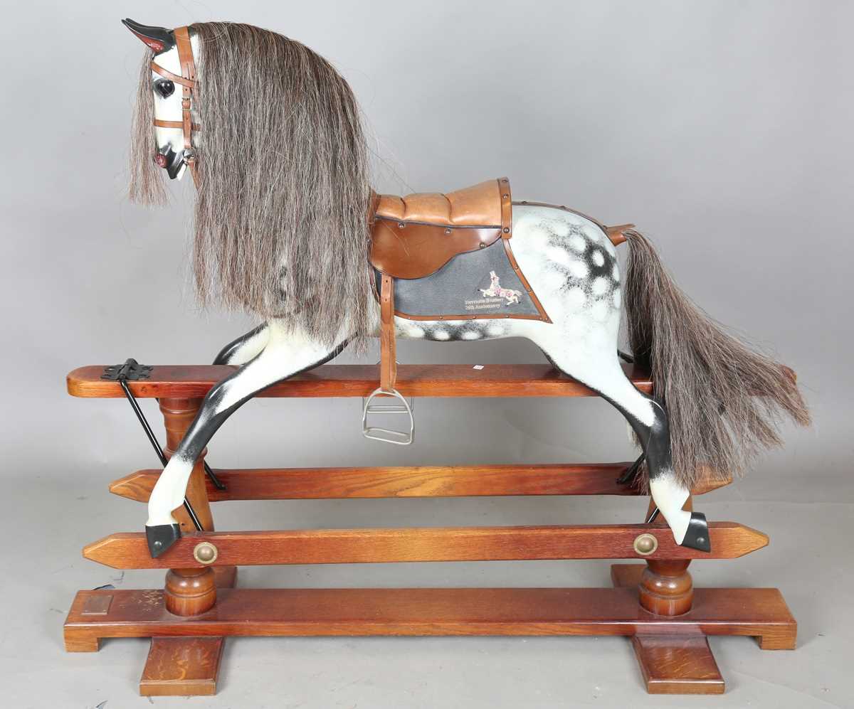 A modern dapple grey rocking horse by Stevenson Brothers, the oak trestle stand bearing plaque - Image 9 of 13