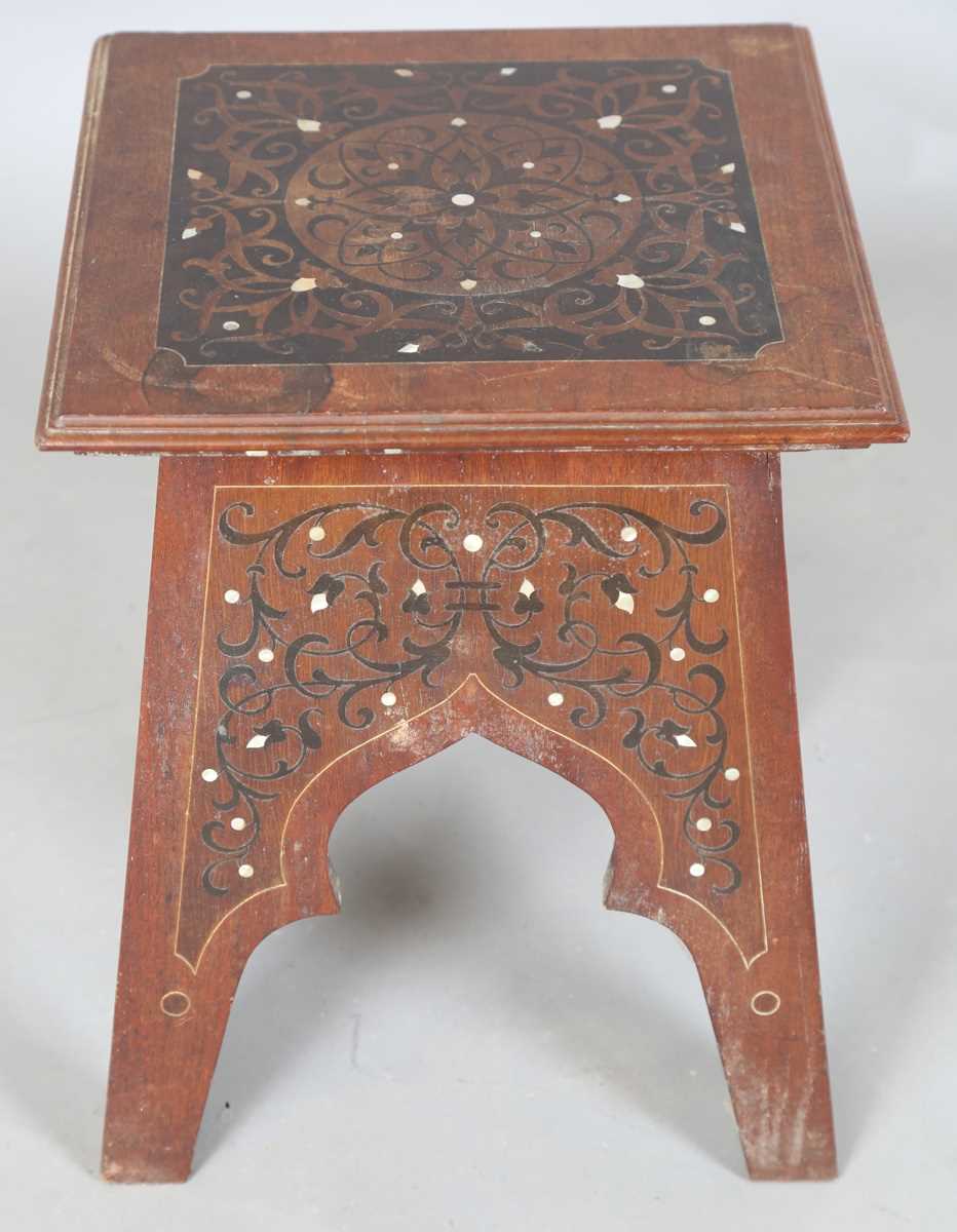 An early 20th century Continental Art Nouveau walnut square occasional table, the top and arched - Image 9 of 11