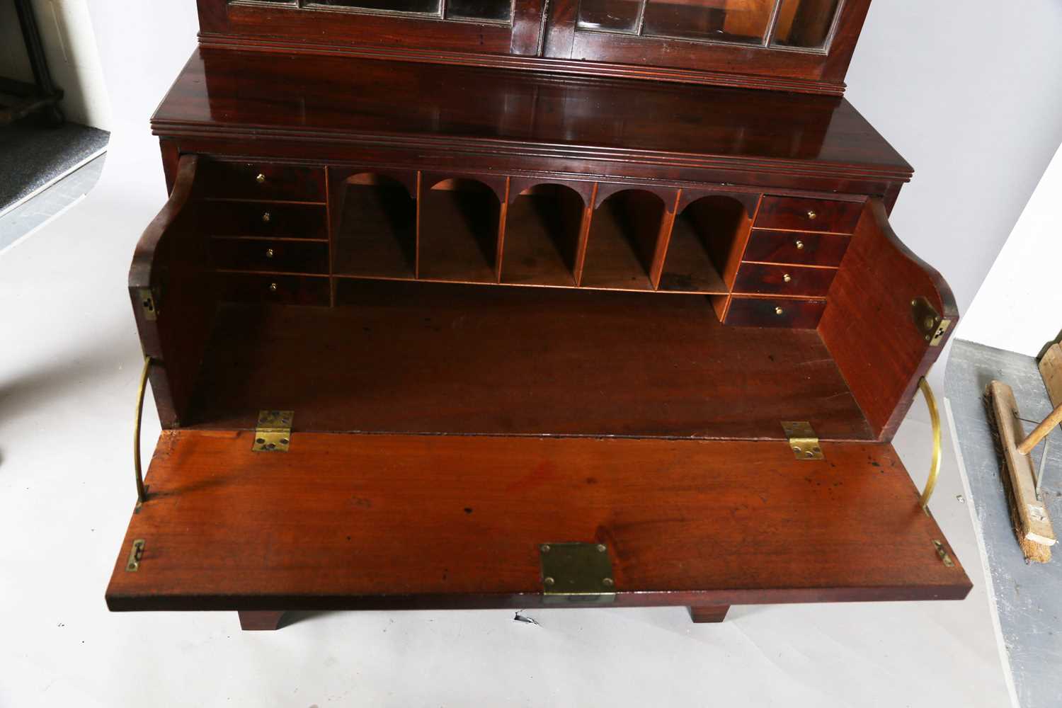 A good George III figured mahogany narrow secrétaire bookcase cabinet, the glazed top above a - Image 4 of 12