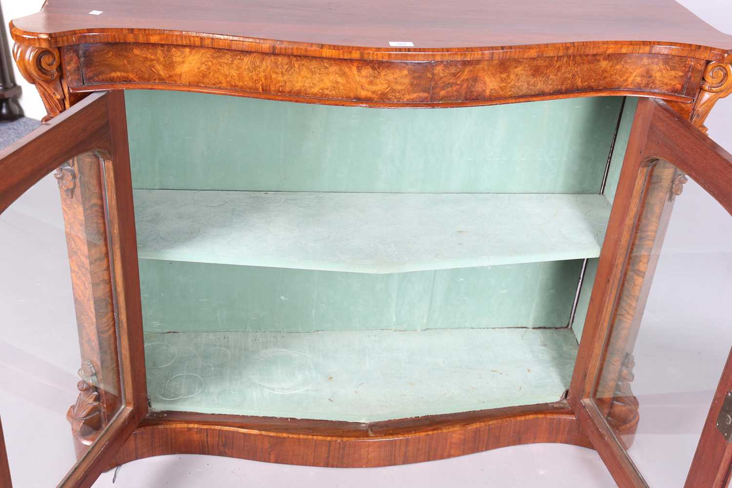 A mid-Victorian burr walnut serpentine fronted glazed bookcase with projecting corners, height 91cm, - Image 7 of 8