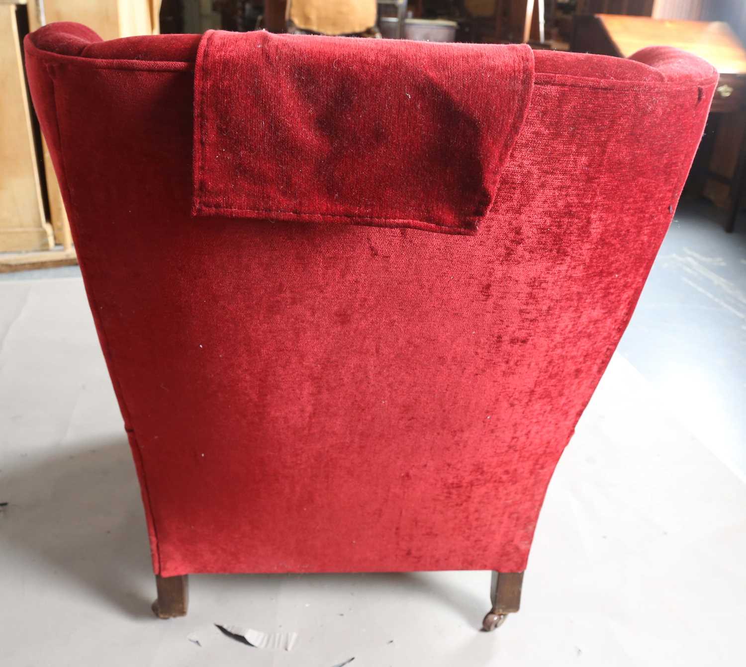 A late Victorian wing back armchair, upholstered in claret velour, height 95cm, width 84cm, depth - Image 12 of 12