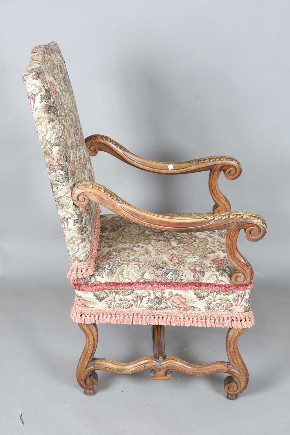 A late 19th century French Baroque Revival walnut framed armchair, upholstered in machined tapestry, - Image 8 of 14