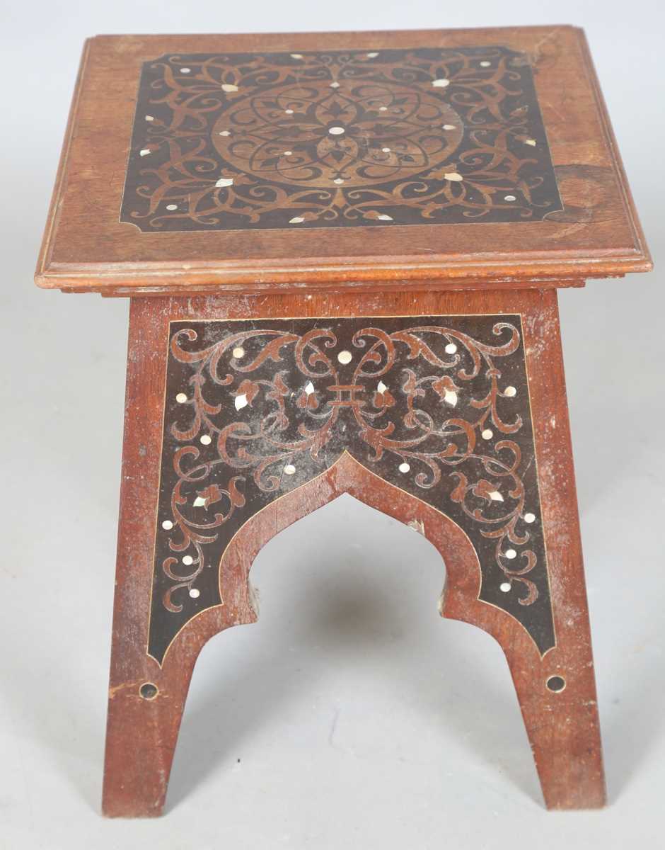 An early 20th century Continental Art Nouveau walnut square occasional table, the top and arched - Image 5 of 11