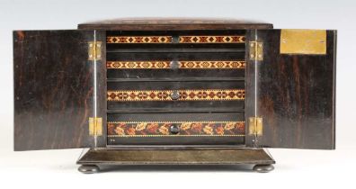 A Victorian Tunbridge ware coromandel table-top needlework cabinet, the top with a view of Eridge