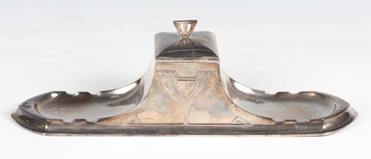 An early 20th century WMF plated inkstand, width 33.5cm, together with another similar inkstand. - Image 8 of 11