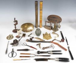 A mixed group of collectors' and metalwork items, including an 18th century steel needlework
