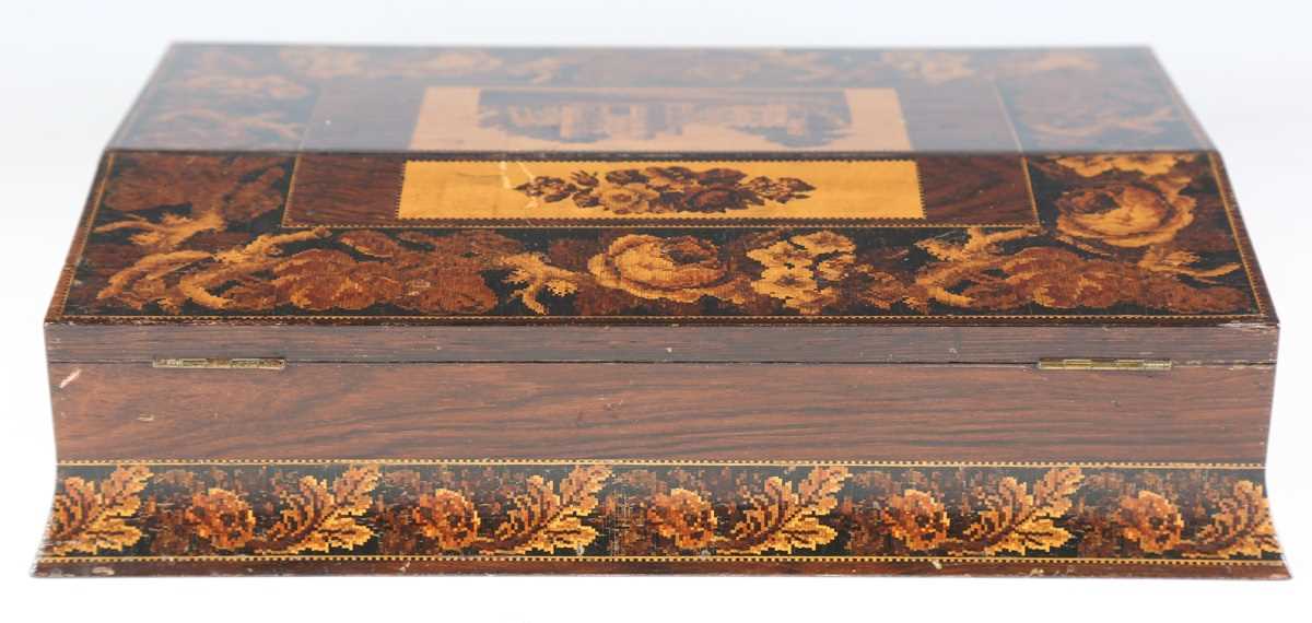 A mid-Victorian Tunbridge ware writing box, the double-hinged lid with a mosaic view of a castle - Image 16 of 17