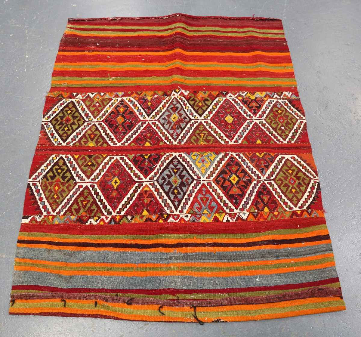 A Turkish flatweave bag, late 20th century, the two central bands worked with hooked polychrome - Image 3 of 9