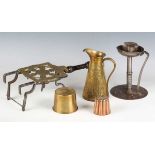 A small group of metalware, comprising a Goberg chamberstick, height 20cm, a Sankey & Sons brass