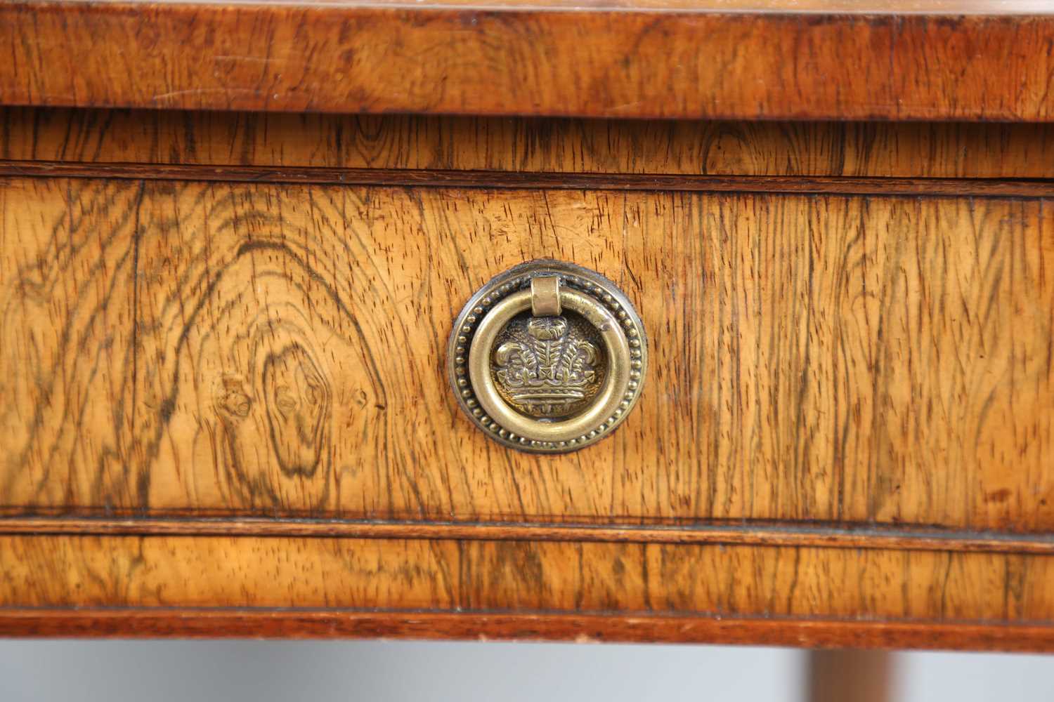 A 20th century reproduction walnut Carlton House style demi-lune desk, the gallery back with gilt - Image 7 of 15