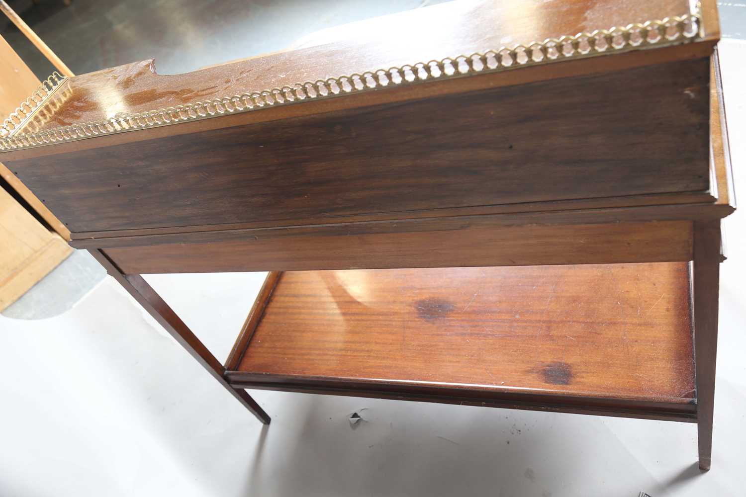 An Edwardian mahogany and satinwood crossbanded writing table, the frieze back fitted with - Image 10 of 11