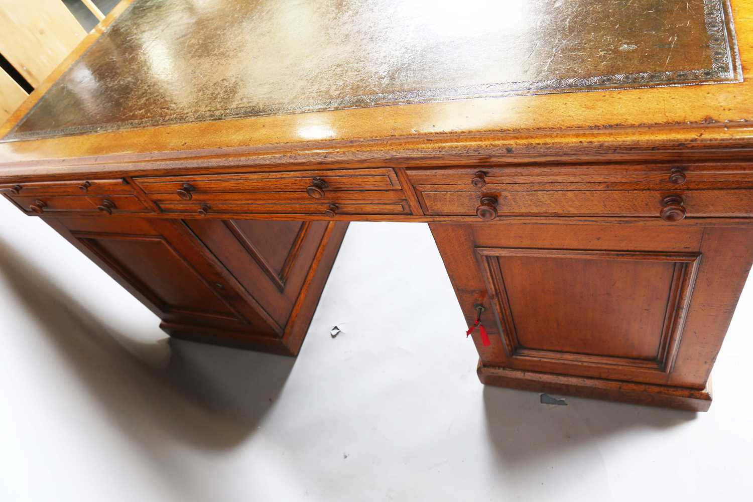 A good mid-Victorian oak twin pedestal partners desk, the moulded top inset with tooled green - Image 12 of 12