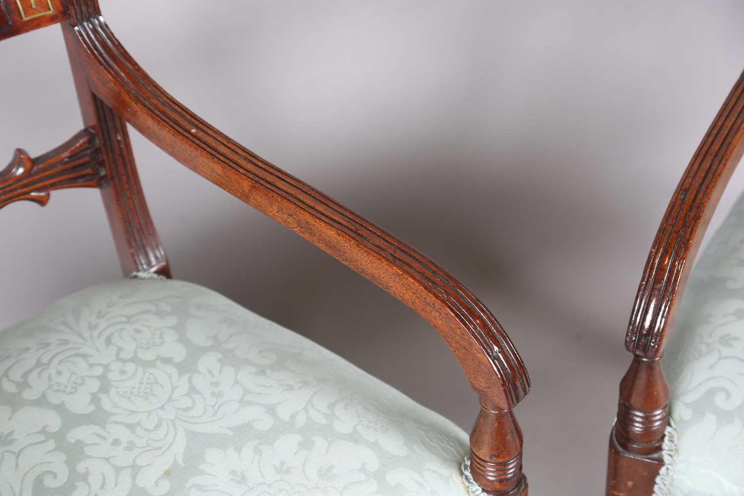 A set of eight Regency mahogany and brass inlaid bar back dining chairs, comprising two carvers, - Image 4 of 17