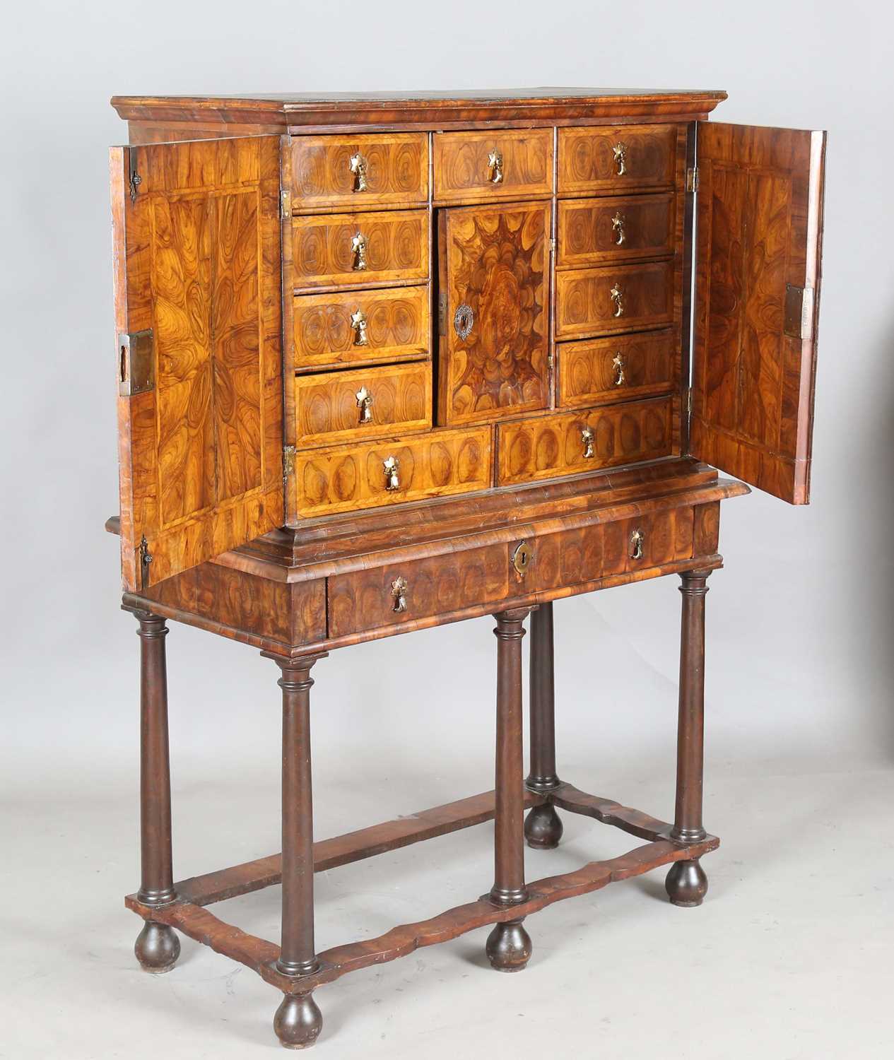 A William and Mary laburnum oyster veneered collector's cabinet-on-stand, the two doors with - Image 9 of 20
