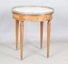 A mid-20th century French mahogany circular marble-topped guéridon, the galleried top above slides