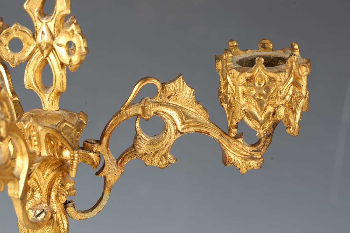 A pair of late 19th century French Gothic Revival cast ormolu four-light candelabra, each stem - Image 3 of 15