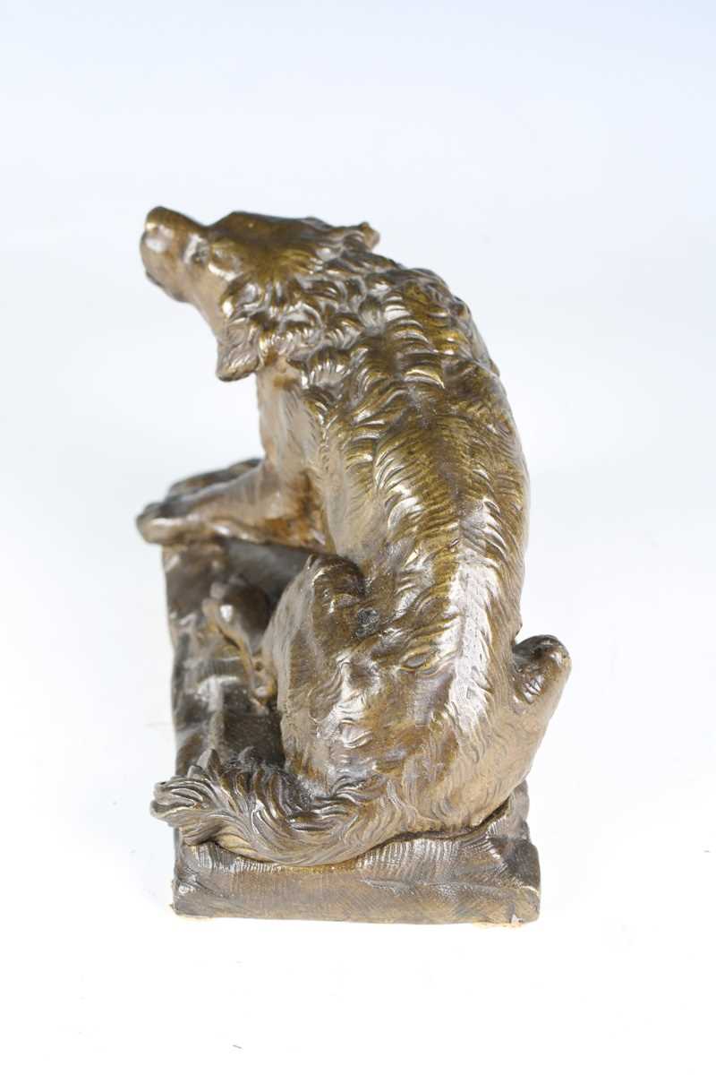 A late 19th century Continental green patinated cast bronze model of a barking dog, raised on a - Image 7 of 16