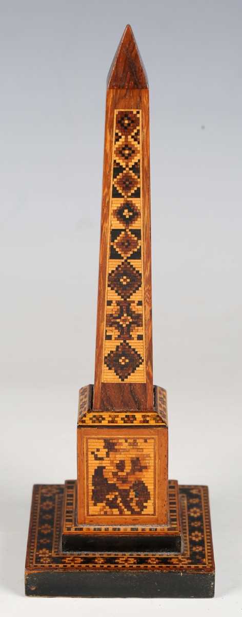 A Victorian Tunbridge ware desk thermometer of obelisk form, raised on a stepped square base, height - Image 8 of 14