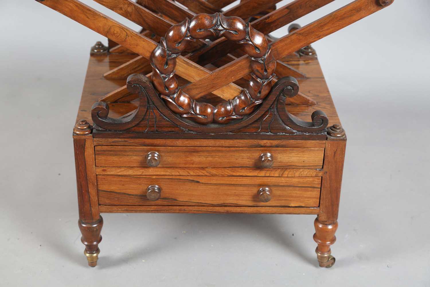 A Regency rosewood three-division Canterbury with bellflower wreath mounts above two drawers - Image 5 of 9