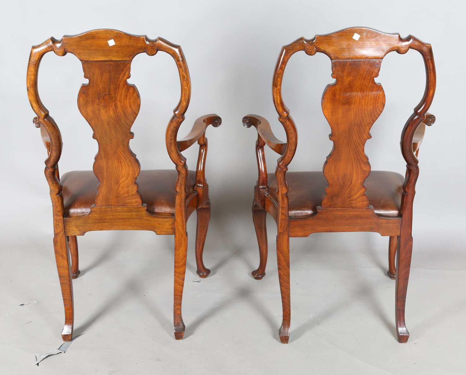 A pair of early 20th century Queen Anne style walnut vase back elbow chairs with brown leather - Image 16 of 19