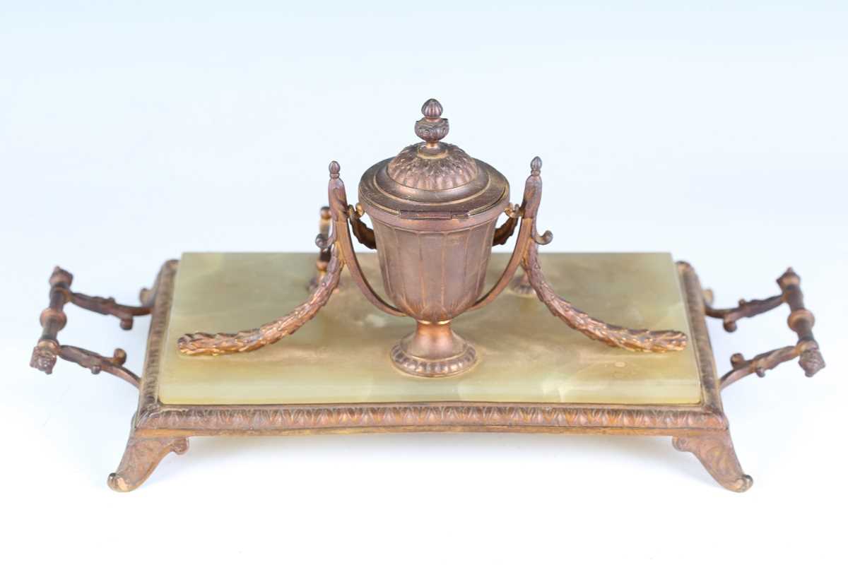 An early 20th century onyx and gilt metal inkstand of Neoclassical design, width 33cm, together with - Image 11 of 18