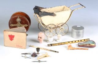 A mixed group of collectors' items, including an early 20th century metal doll's pram, length