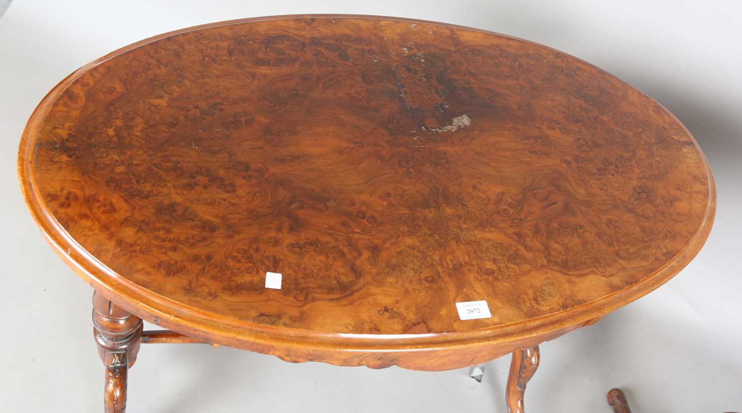 A late Victorian burr walnut oval stretcher table, height 72cm, width 97cm, together with a - Image 2 of 15