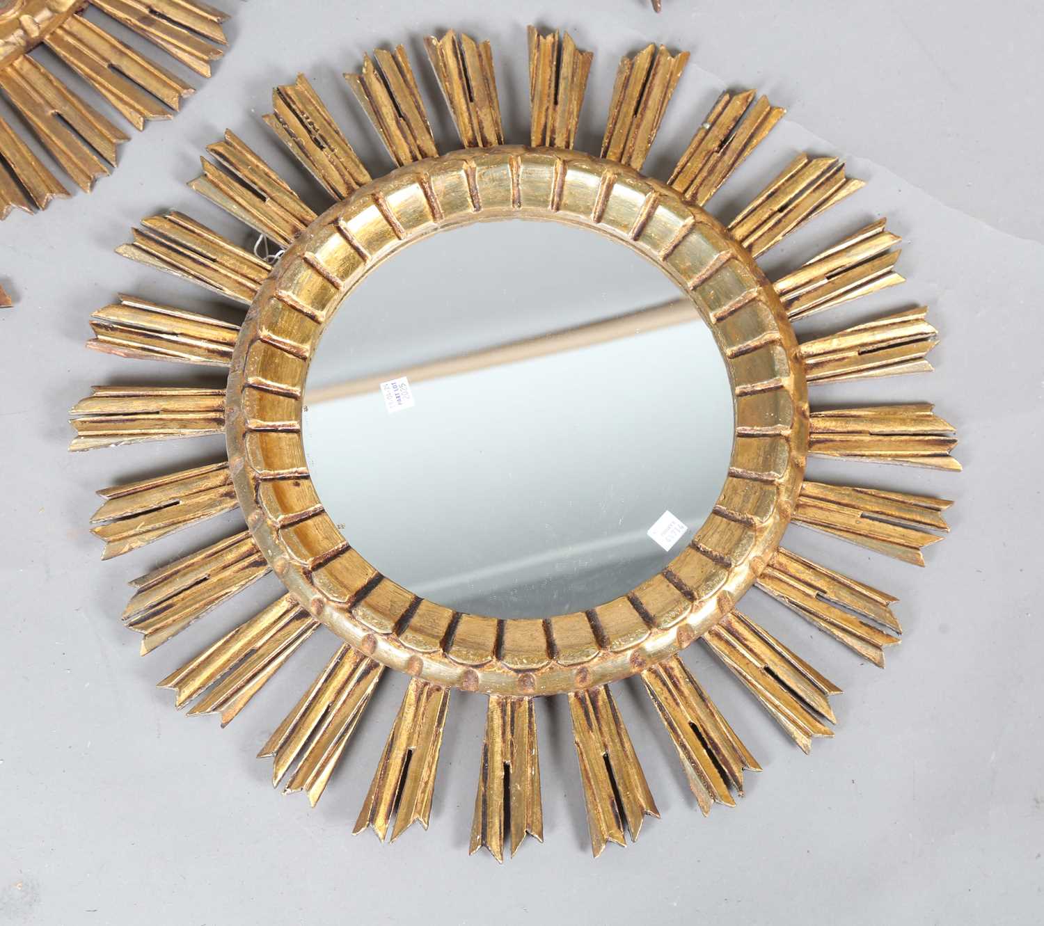 A 20th century Continental giltwood circular wall mirror with sunburst frame, diameter 61cm, - Image 7 of 10