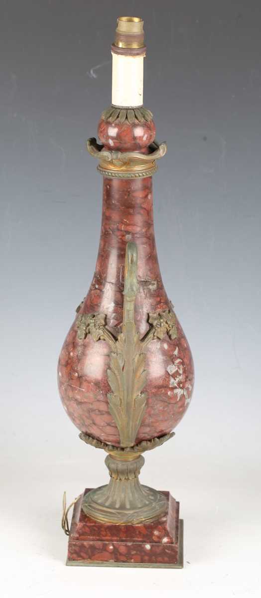 A 19th century French rouge marble and gilt metal mounted urn, converted to a table lamp, the pear- - Image 5 of 5