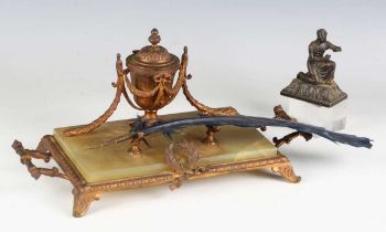 An early 20th century onyx and gilt metal inkstand of Neoclassical design, width 33cm, together with