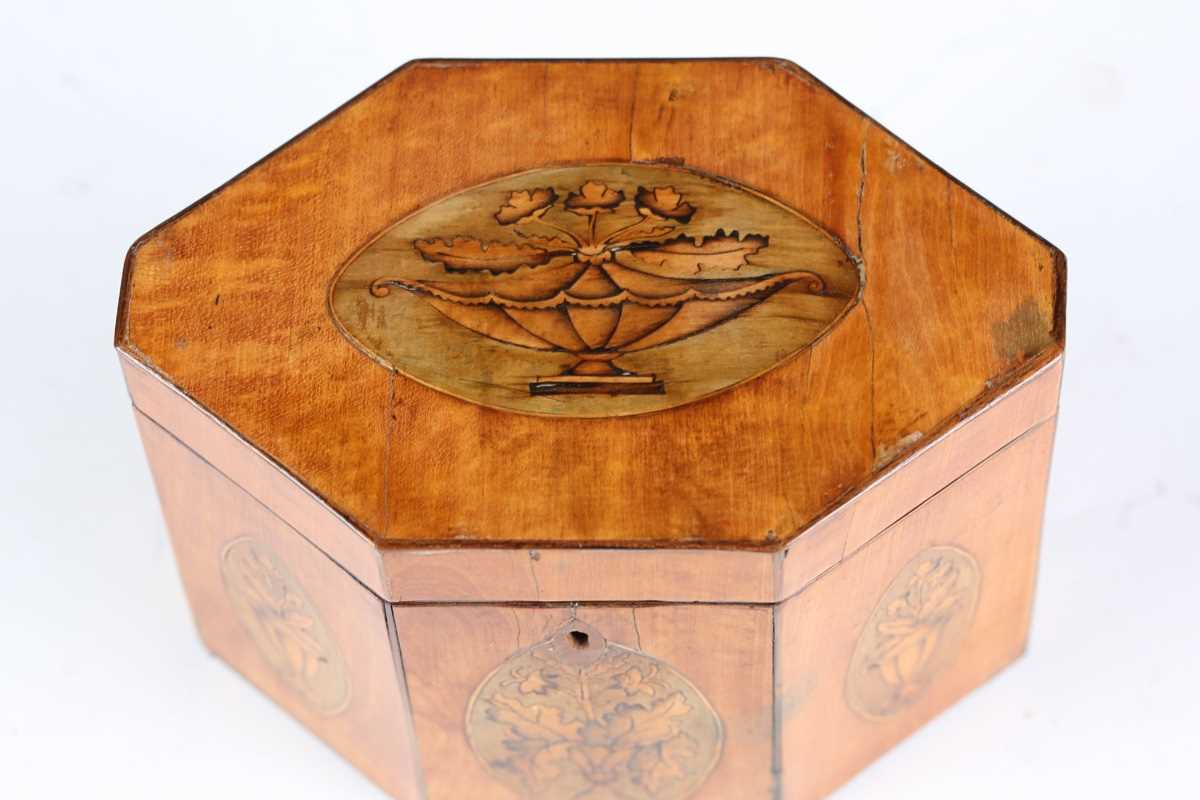 A George III satin birch canted hexagonal tea caddy, the hinged lid and front panels inlaid with - Image 4 of 10