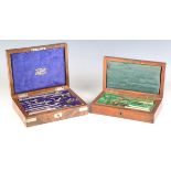 A late Victorian burr walnut cased drawing instrument set by Thornton of Manchester, width 20.5cm,