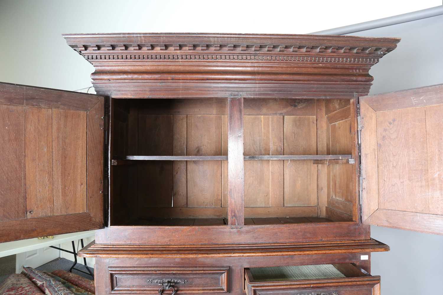 A large 18th century Continental oak cupboard, fitted with four panelled doors and two drawers, - Image 3 of 17