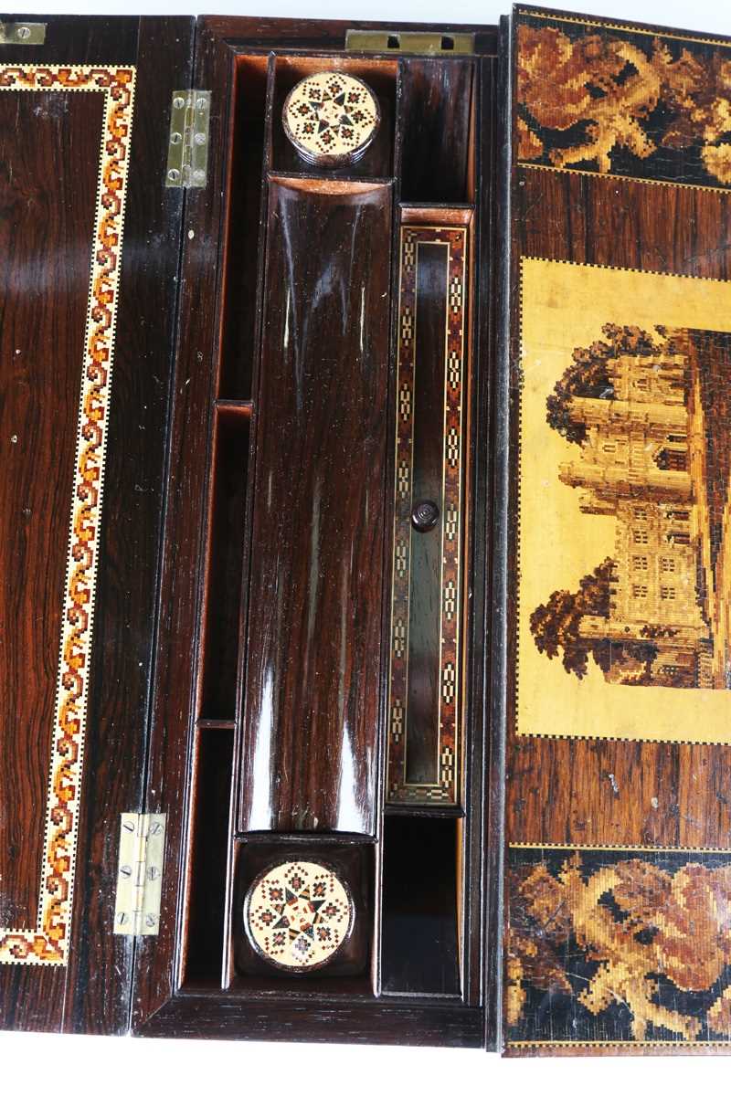 A mid-Victorian Tunbridge ware writing box, the double-hinged lid with a mosaic view of a castle - Image 14 of 17