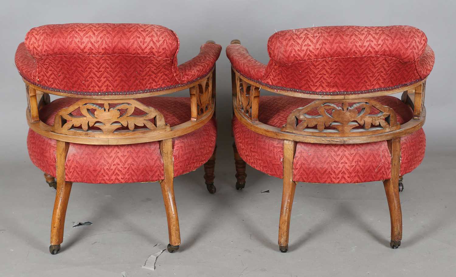 A pair of late Victorian Aesthetic Movement walnut framed tub back salon chairs, height 75cm, - Image 12 of 12