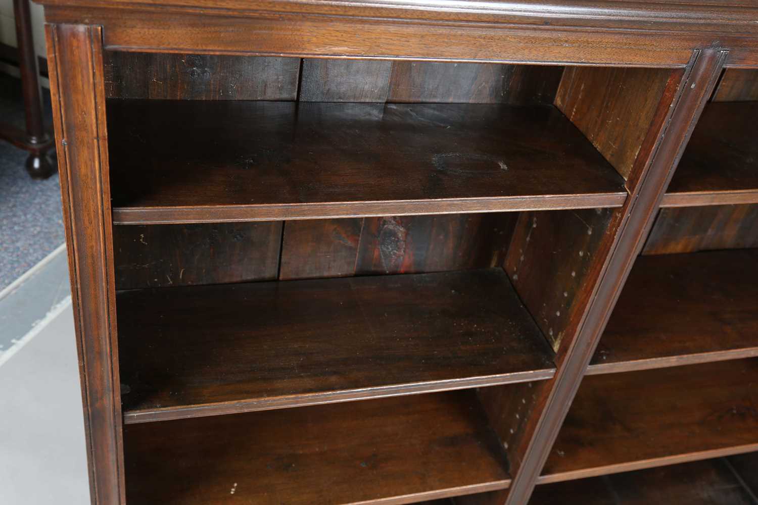 An Edwardian walnut two-section open bookcase with a brass three-quarter gallery, on a plinth - Image 5 of 11