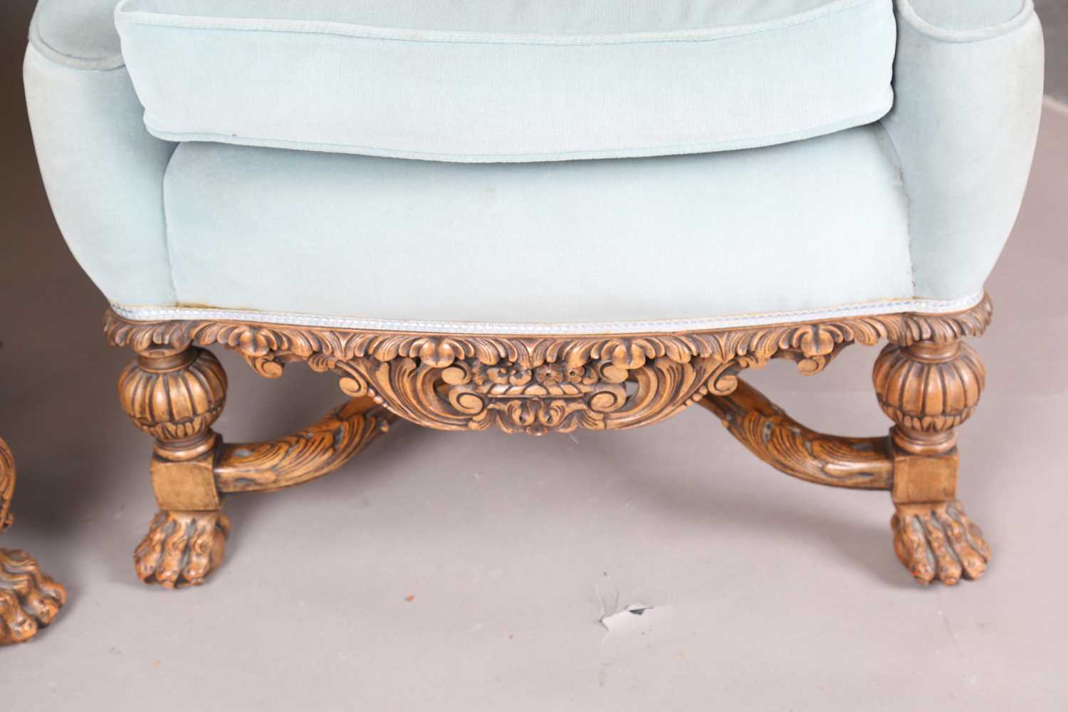 A pair of early 20th century Baroque Revival lady's and gentleman's armchairs, both raised on carved - Image 10 of 17