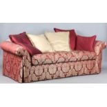 A modern three-seat sofa by J. Robert Scott, upholstered in foliate patterned claret damask,