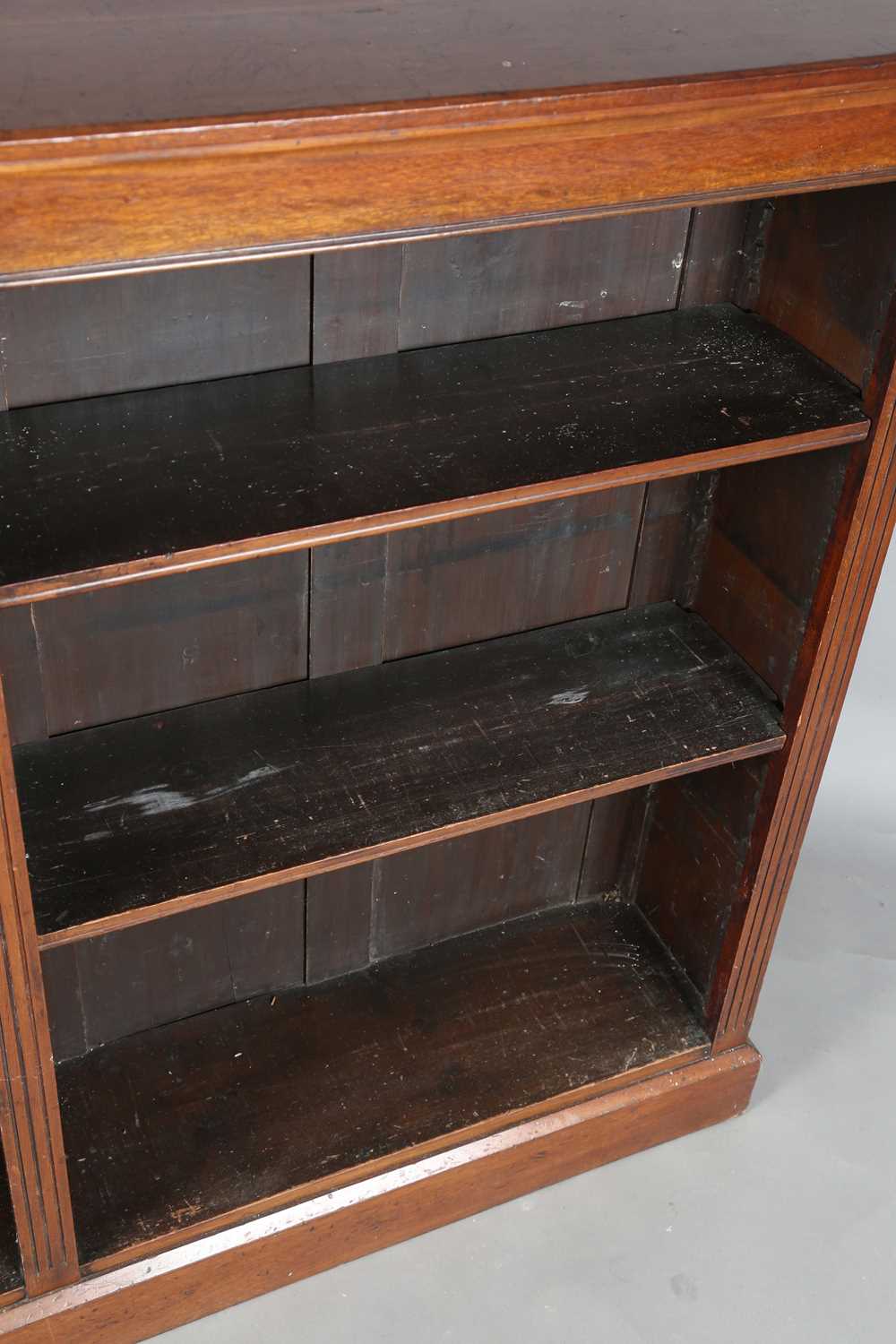 An Edwardian mahogany two-section open bookcase, on a plinth base, height 117cm, width 154cm, - Image 6 of 10