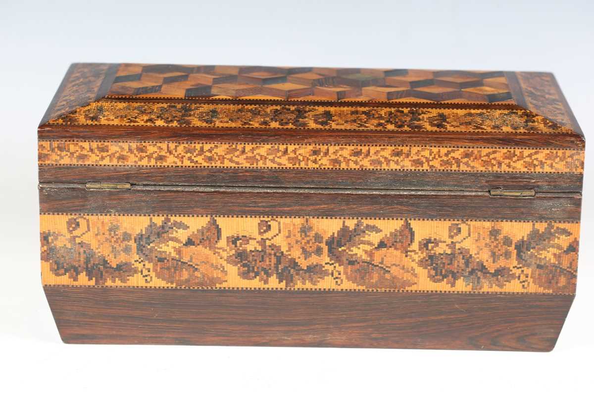 A Victorian Tunbridge ware rosewood tea caddy of sarcophagus form, the hinged lid with a geometric - Image 19 of 20