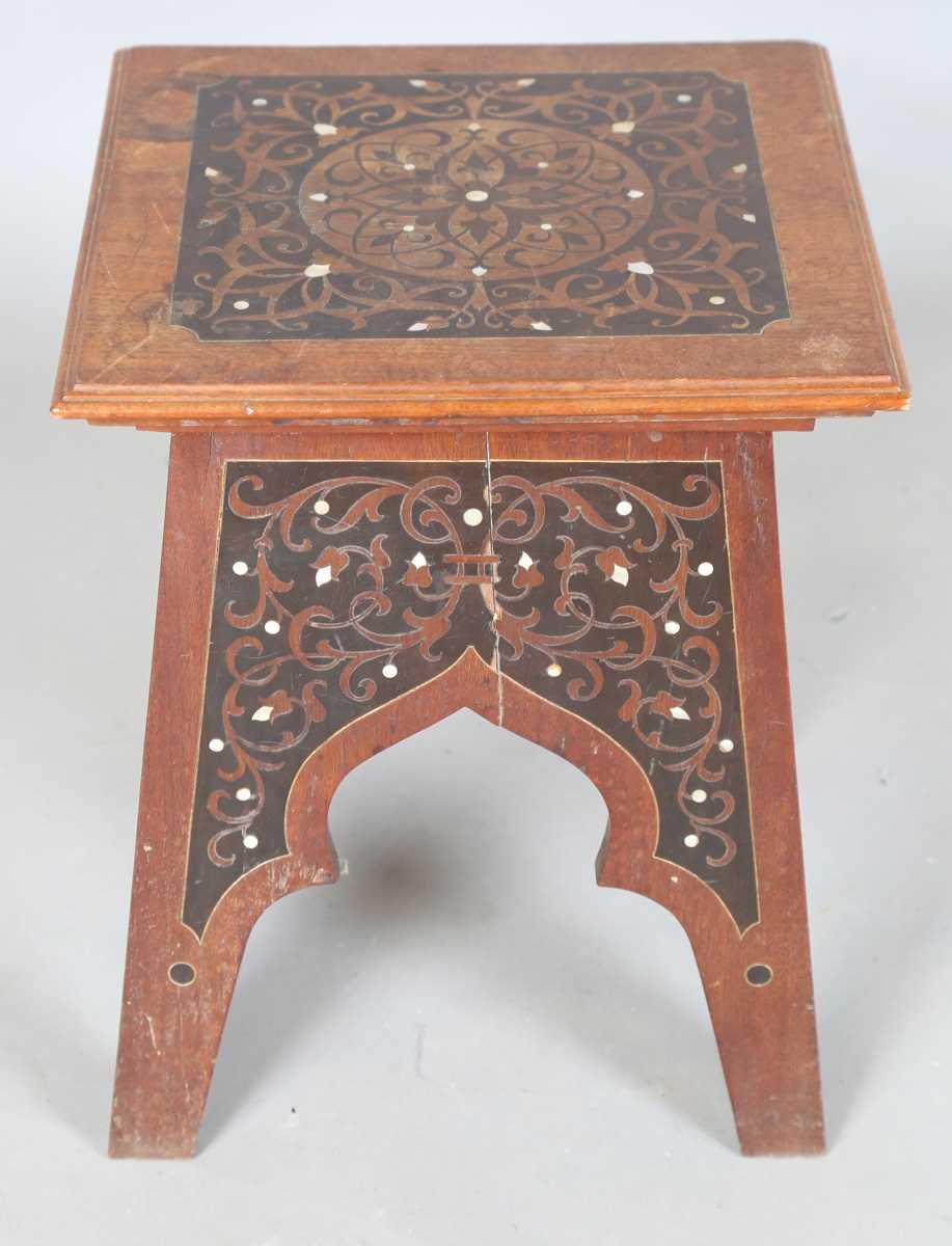 An early 20th century Continental Art Nouveau walnut square occasional table, the top and arched - Image 7 of 11