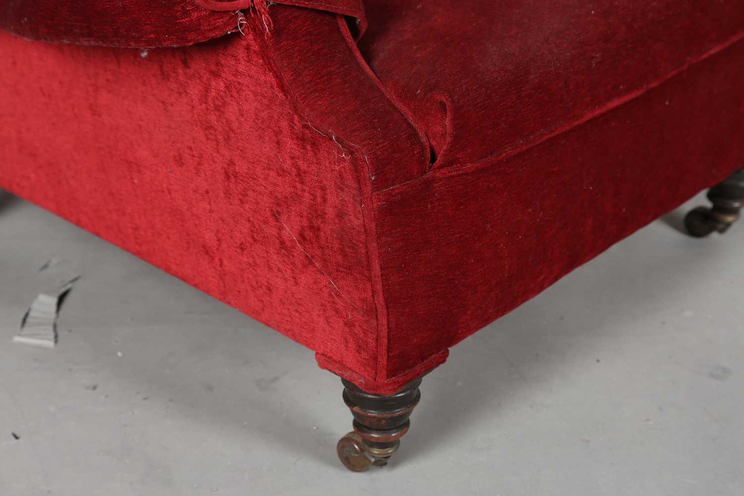 A late Victorian wing back armchair, upholstered in claret velour, height 95cm, width 84cm, depth - Image 8 of 12