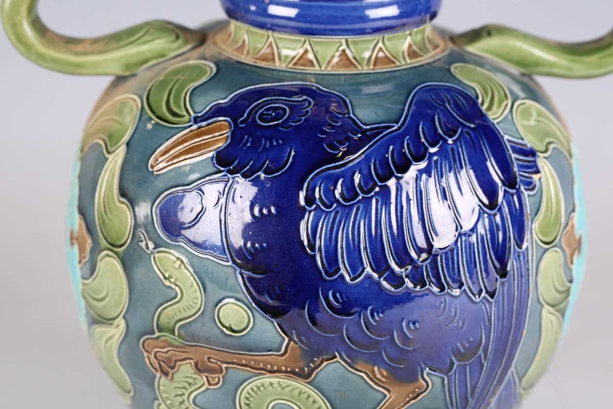 A Burmantofts Faience pottery twin-handled vase, circa 1900, the bulbous body decorated with - Image 4 of 12