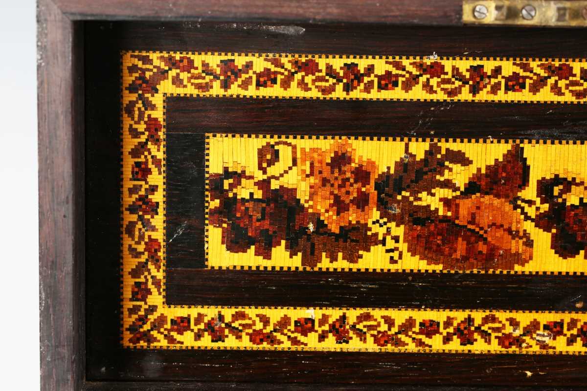 A Victorian Tunbridge ware rosewood tea caddy of sarcophagus form, the hinged lid with a geometric - Image 2 of 20