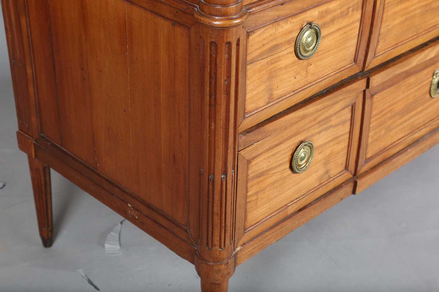 A late 18th century French Louis XVI period fruitwood five-drawer commode with a dark grey marble - Image 4 of 8