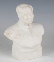 A Chinese bisque porcelain bust of Chairman Mao, moulded with cursive script to the front frieze,
