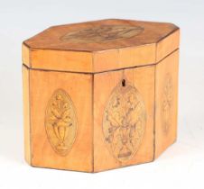 A George III satin birch canted hexagonal tea caddy, the hinged lid and front panels inlaid with