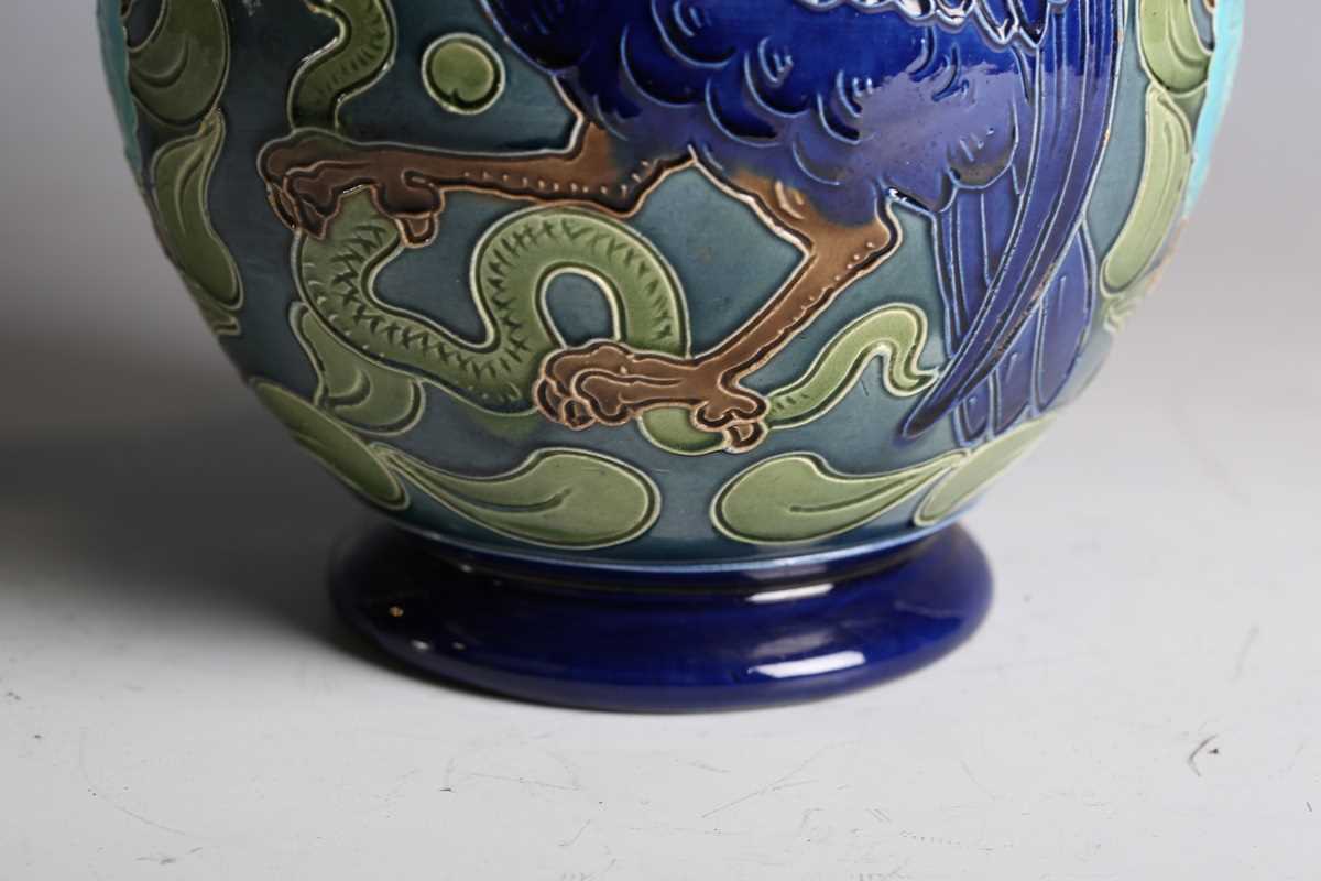 A Burmantofts Faience pottery twin-handled vase, circa 1900, the bulbous body decorated with - Image 5 of 12