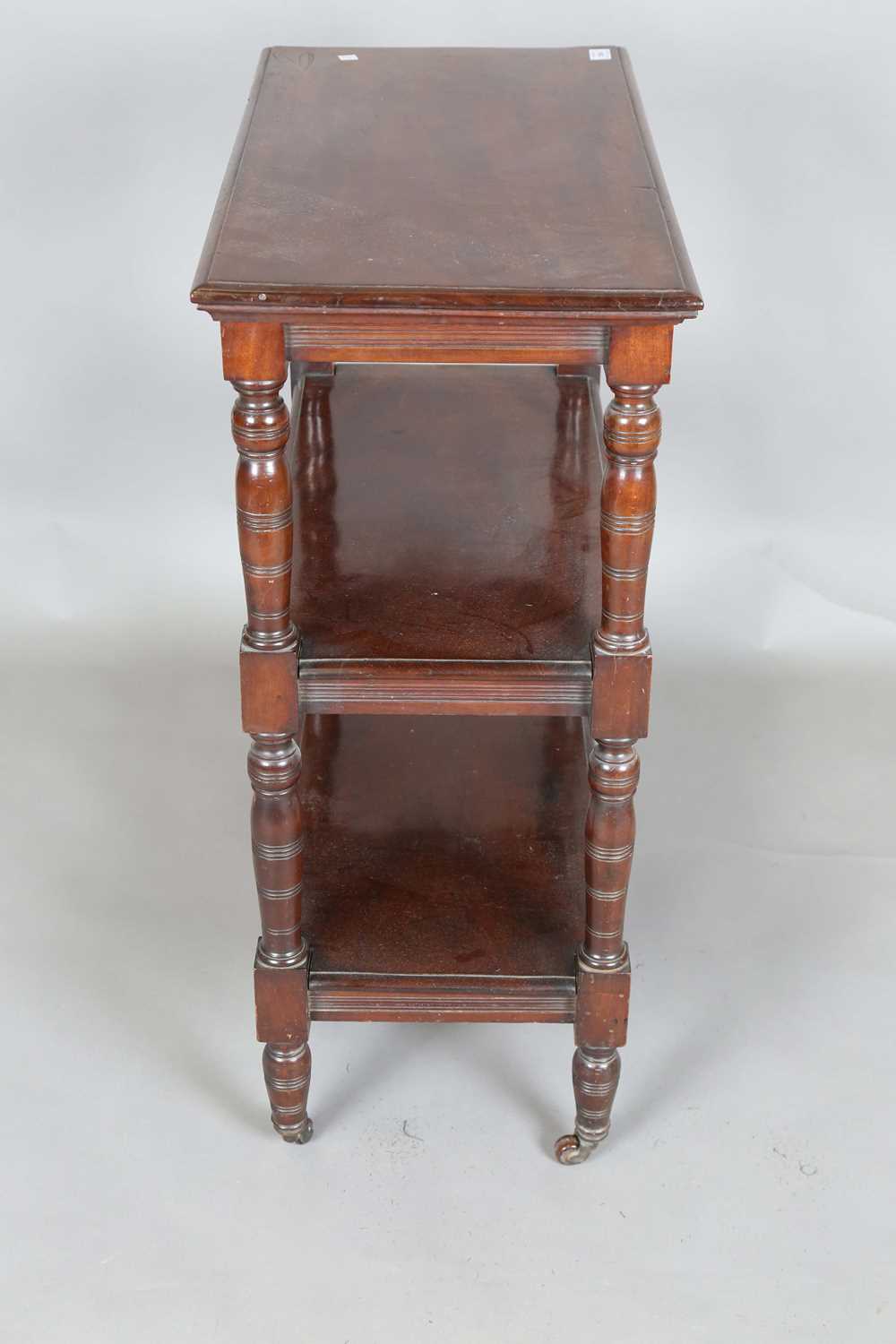 A late Victorian mahogany three-tier whatnot with ring turned legs and castors, height 92cm, width - Image 6 of 9