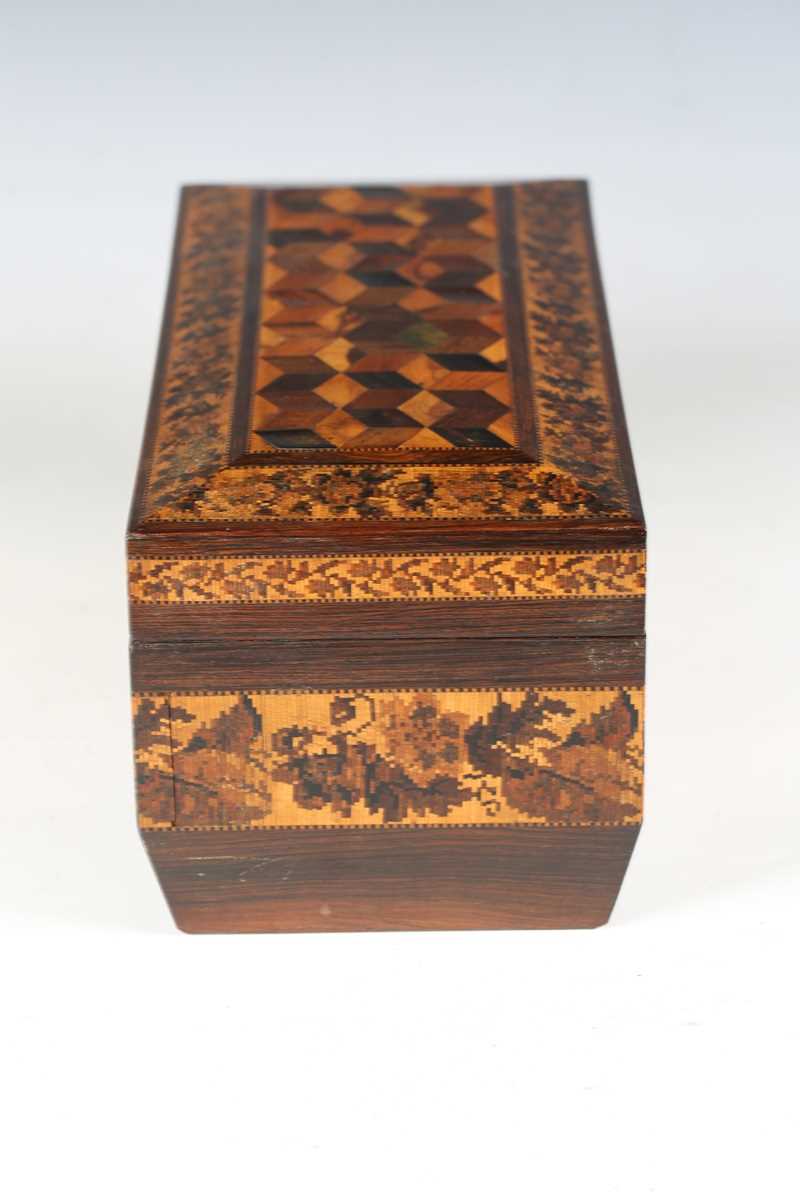 A Victorian Tunbridge ware rosewood tea caddy of sarcophagus form, the hinged lid with a geometric - Image 17 of 20